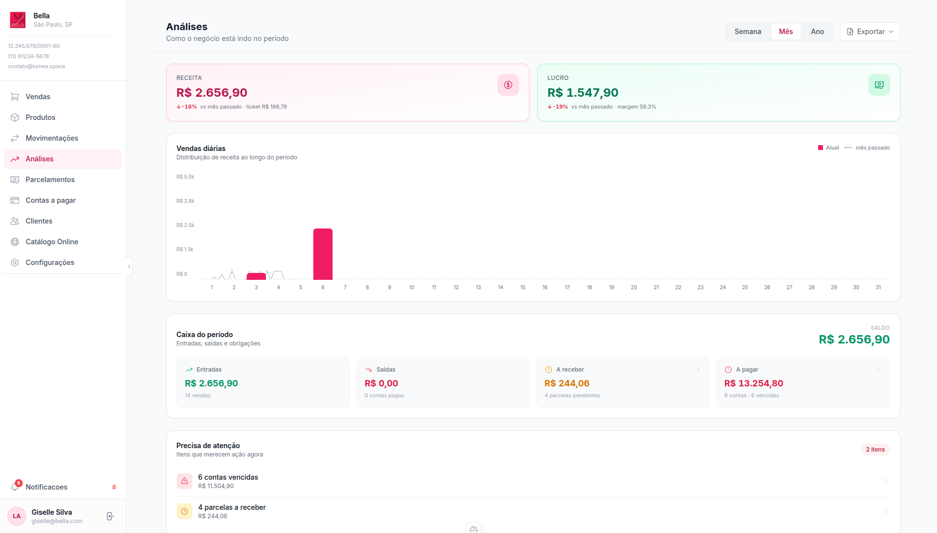 Dashboard de Analises - Graficos de vendas, receita, lucro e resumo financeiro