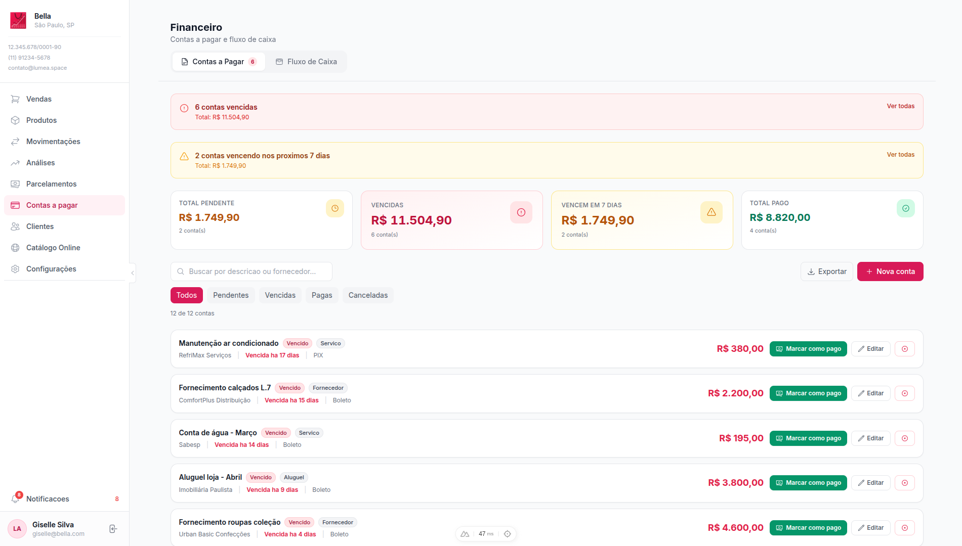 Contas a Pagar - Tabela de despesas com alertas de vencimento e resumo financeiro