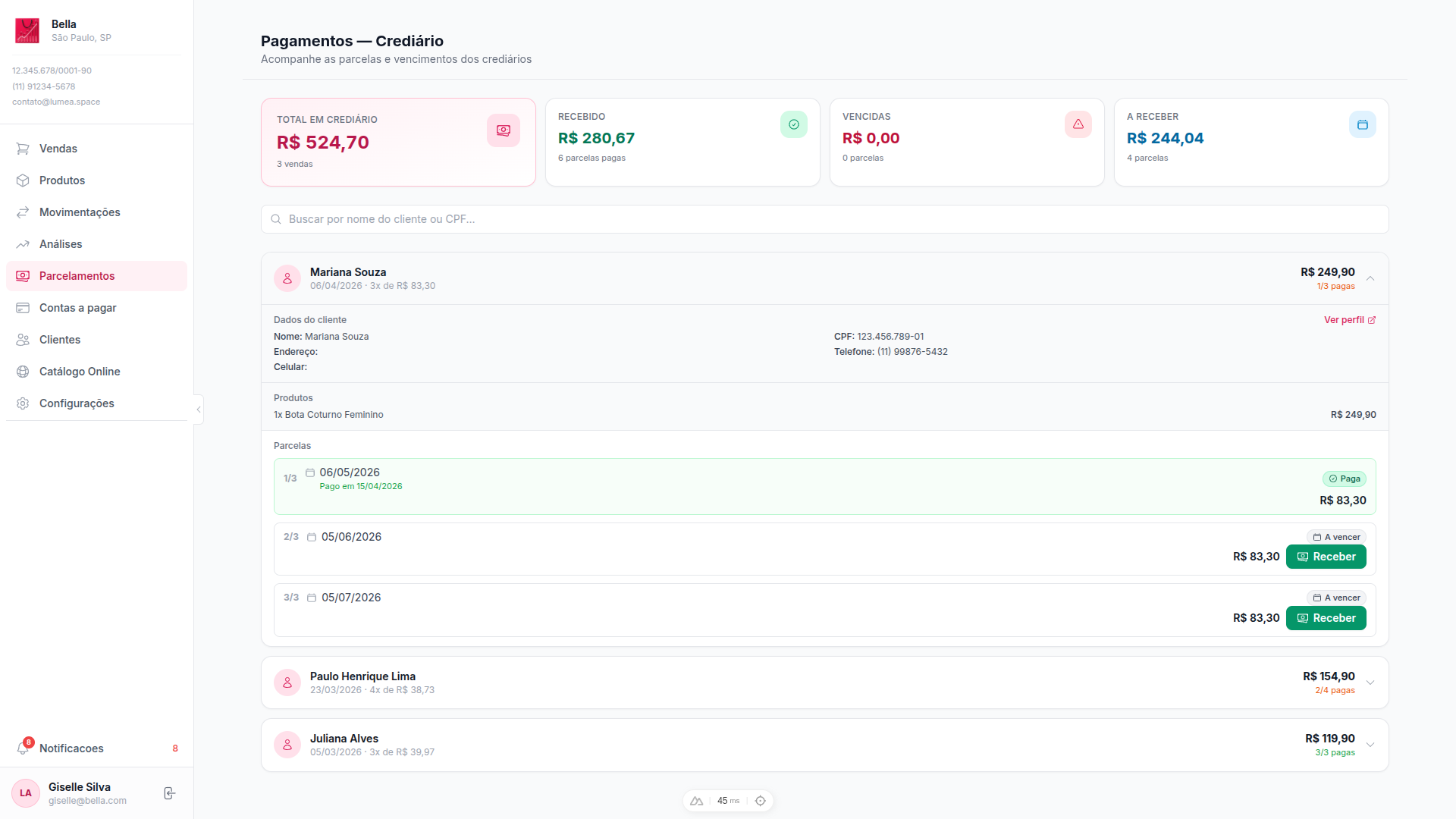 Controle de Pagamentos - Parcelas do crediario com status de cada cliente