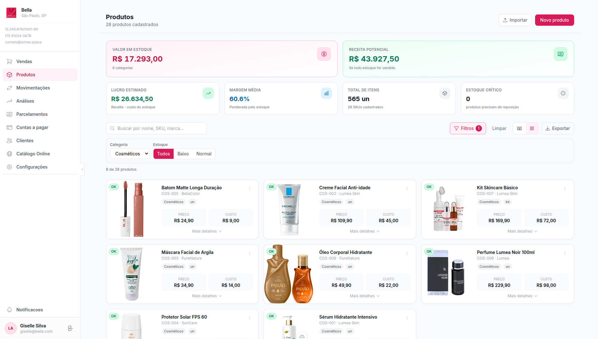 Gestao de Produtos - Catalogo com fotos, precos, estoque e indicadores