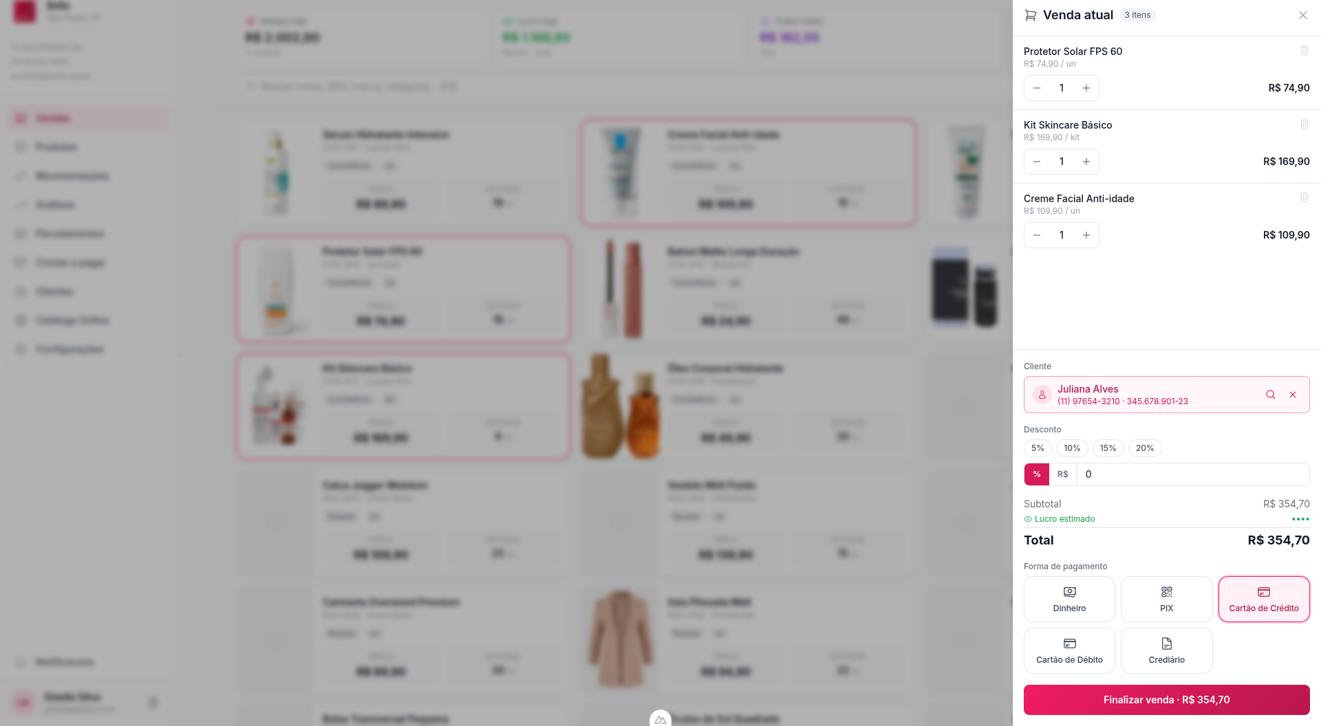 Ponto de Venda da Gestora - Catalogo de produtos com venda atual ao lado